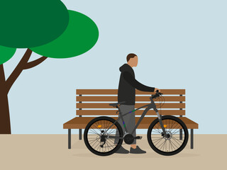 Male character with bike standing next to a wooden bench outdoors