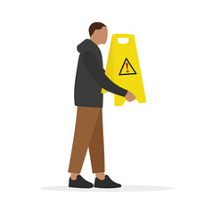 A male character with a floor warning sign in his hands stands on a white background