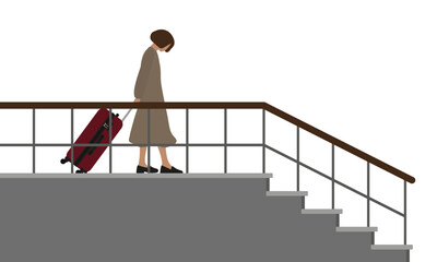 Female character with a suitcase going down the stairs