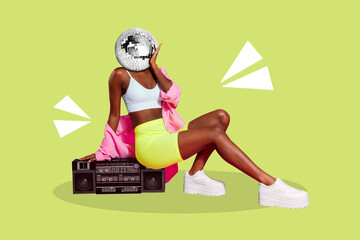 Poster collage of lady sit on boombox disco ball instead head isolated on drawing green color...