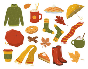 Autumn illustrations collection. Set of cute fall mood cartoon elements. Collection for party decoration, fall festival, or Thanksgiving day.