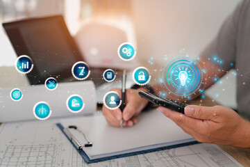 Business idea and industry icon on virtual screen concept,Engineer pressing on calculator for...