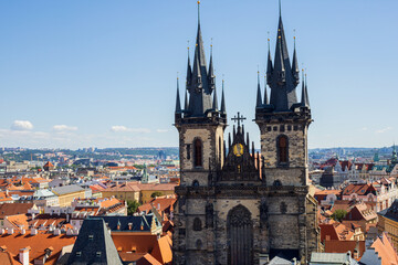 View from Old City Hall on Church of Our Lady before T&yacute;n, Prague on summer sanny day
