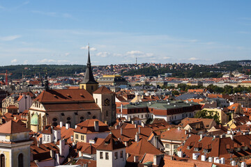 Fototapeta na wymiar Vew from the top of City Hall to Prague old town, view on roofs from above