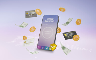 Online money transfer By having a credit card connection And have a safety supervision system concept, Online money transactions, mobile payments using a smartphone, 3D rendering.