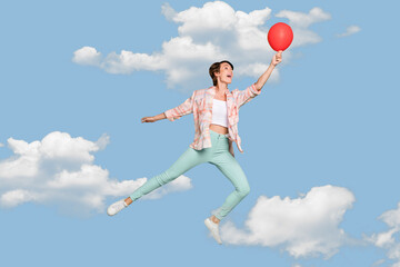 Exclusive painting magazine sketch image of happy smiling lady flying red inflate balloon isolated painting background