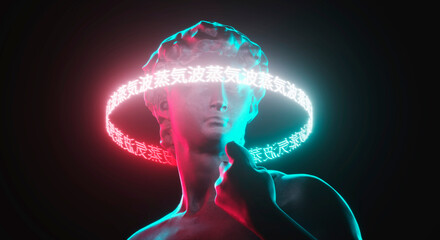 Neon greek statue with red and blue light color vapor synth retro wave background concept.