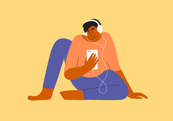 Man in headphones sitting holding smartphone in hand listening music, audiobook,  podcast. Male character watching video by mobile phone, listening to online radio, audio book. Art vector illustration
