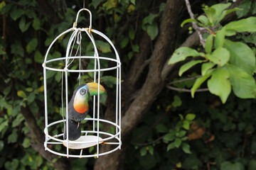 Jaula blanca con figura de tucan