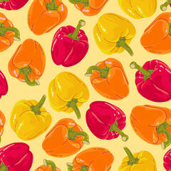 Pattern of realistic colored peppers on a yellow background for print and design. Vector illustration.