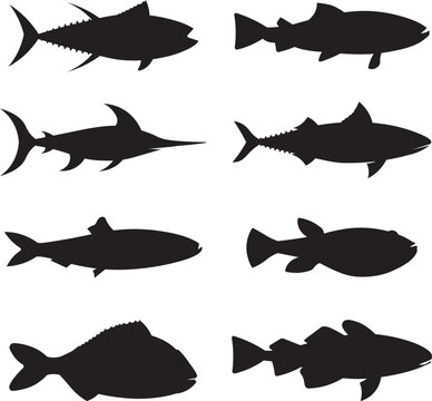 Tunas word fish trout cod fish isolated Vector Silhouettes
