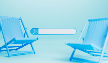 Online summer holiday search. Blank search bar with a deckchair. 3D Rendering