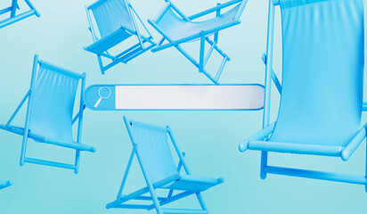 Online summer holiday search. Blank search bar with a deckchair. 3D Rendering
