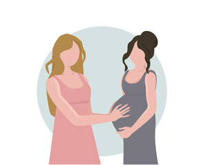 There is a pregnant woman in the picture. The young woman gently touches the pregnant belly of her friend. Flat style illustration. 