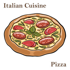 Tasty pepperoni pizza with mushrooms and olives.