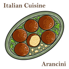 Homemade fried Arancini with basil and Marinara on a white background, side view. Italian rice balls.