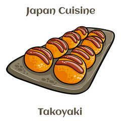 Japanese food, takoyaki octopus ball on dish and sauce
