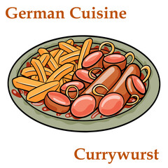 Traditional German currywurst sausage, served with chips or French fries in a pan.