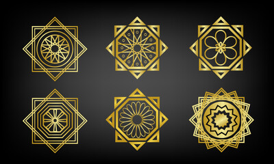 Golden hexagonal circular ornament design element vector engraved Islamic style. Ethnic mandala pattern template style element elegant traditional texture art print circle element.