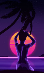 fantastic sunset on the beach with palm trees against the background of the starry sky and the silhouette of a sitting woman in retrowave style