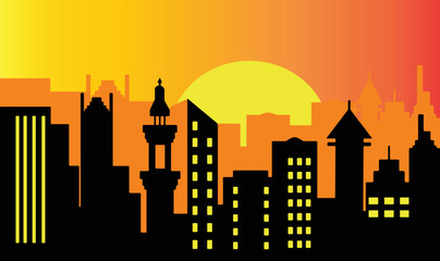 Sunset in the city. City at sunset. Silhouette of city sunset.