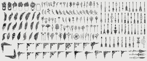 Bundle of hand-drawn mason jars, wildflowers, feathers, corner frames, and arrows. Vector illustration.