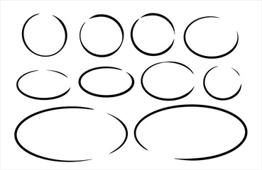 Set of circles. Geometric round. Collection of black sketch ring and oval shapes.