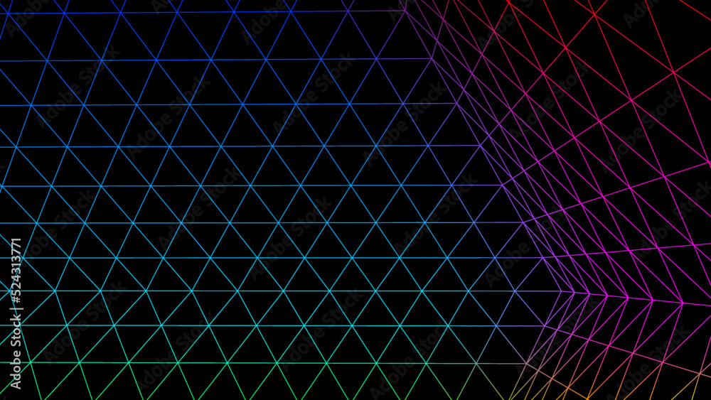Aufkleber Geometric grid background with neon colored 80s styled mesh. Synthwave or retrowave abstract background with retro computer grid.