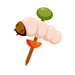 Canapes with edible larva. Asian cuisine and delicacies. Beetle caterpillar on a stick with olive and tomato. Protein snack.