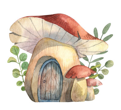 Magical cute fairytale mushroom house with small wooden door and with green lush foliage on the background. Watercolor hand painted detailed cartoon illustration for stickers and wall art design