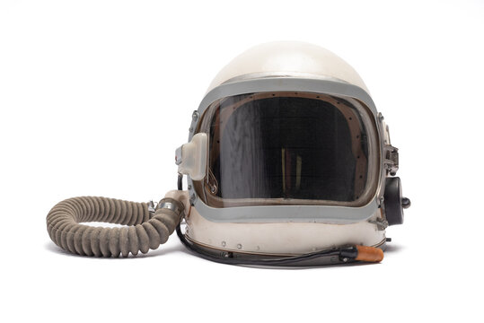 Old space helmet isolated on the white background concept. Pilot helmet. Front view.