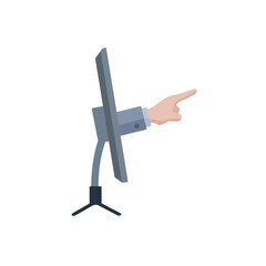 Obraz premium Finger points out of computer monitor. Concept of online censorship