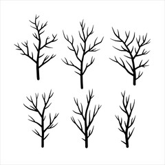 Black silhouette of branch and tree. Set of simple abstract natural wood
