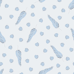 Blue feathers on pastel background seamless pattern.  Best for textile, wallpapers, wrapping paper, package and home decoration.