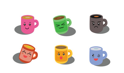 Set of icons, mugs with emoji showing various expressions based on feelings