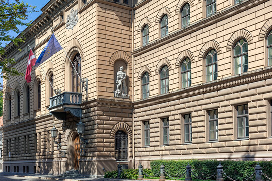 Building of the Seimas - parliament of the Republic of Latvia in Riga Old City at Corner of Jekaba and Klostera Streets, Riga, Latvia. The building of the Parliament of the Latvian Republic 