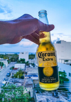 Corona Beer Bottle Cityscape Caribbean Beach Panorama Playa Del Carmen.