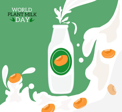 Vector illustration, splash of milk with soybeans, as a banner or poster, World Plant Milk Day.