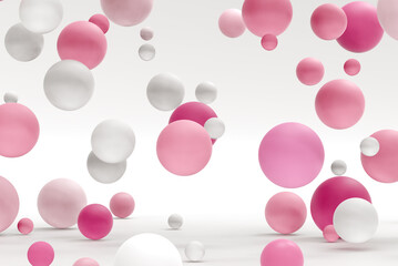 3d rendering of different spheres. Abstract minimalistic backdrop for cosmetics and beauty products presentation. Flying particles. Futuristic background. Design for poster, banner with space for text