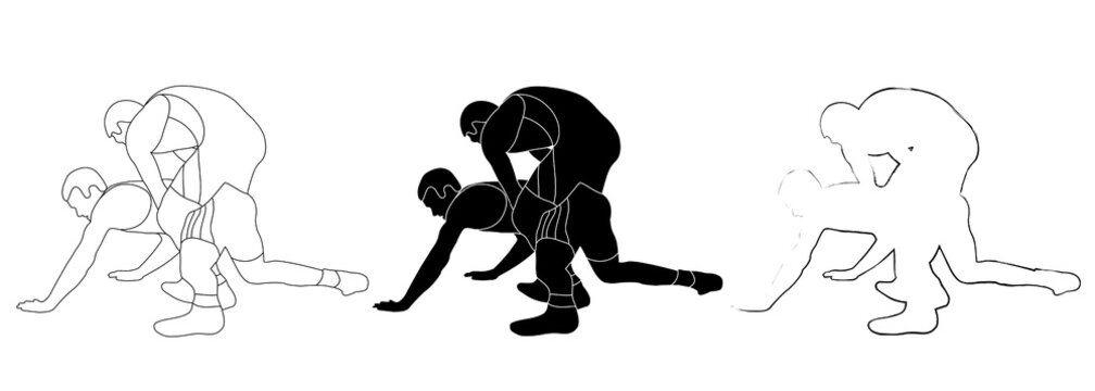 Outline sketch black and white silhouette of a wrestler athlete in wrestling, holding, grappling. Doodle black and white line drawing.