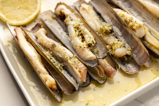 Coked Ensis Clams with garlic and herbs on plate. Typical dish of galician cuisine