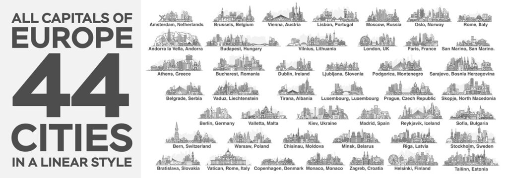 All capitals of Europe. 44 cities in a linear style with famous views and landmarks. Editable stroke. Skyline city line illustrations.