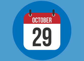 29 October blue calendar vector. Calendar october with circle in background clear.