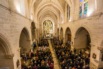 Mass tribute Sant Honorat, patron saint of the town, cossiers dancing, Majorcan folk dancing, Algaida, Mallorca, Balearic Islands, Spain