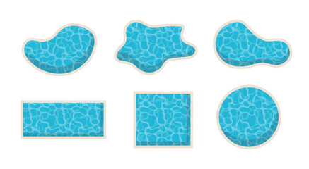 Set swimming pools of different shapes isolated on white background. Swimming pool top view in cartoon style. Vector stock