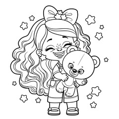 Cute cartoon long haired happy girl with big teddy bear in hands outlined for coloring page on a white background