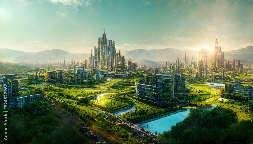 Poster The metropolis in the center of the oasis is surrounded by mountains.