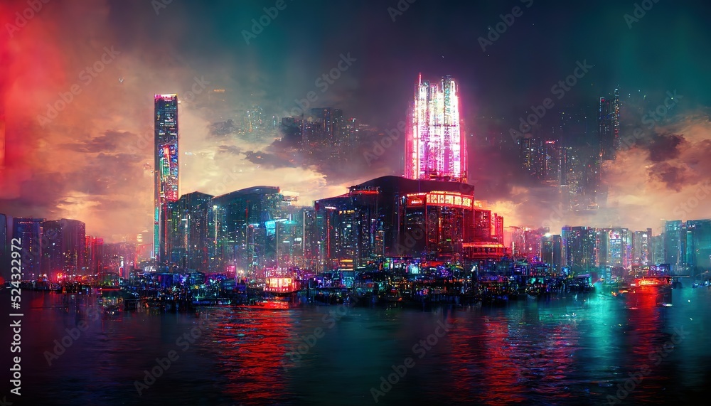 Poster The night city stands on the river and the lights of the windows can be seen in the reflection of the water.