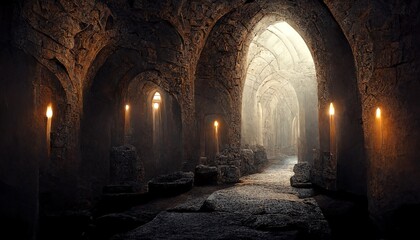 Candles illuminate the passage in the dungeon along the stone path. - obrazy, fototapety, plakaty
