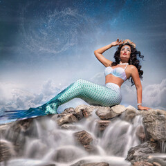 A fantastic woman, a beautiful mermaid girl is sitting on the rocks, with a beautiful hairstyle and...